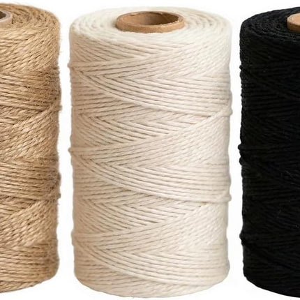 Twine String Natural Jute & Cotton Bundle - Bulk Packing for Crafts, Gift Wrapping String, Gardening Twine, Home Decor (3 Rolls, 984ft, 2mm) 3 Color 328ft x 3Pcs