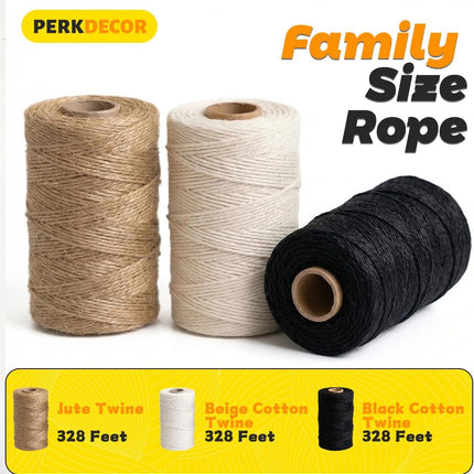 Twine String Natural Jute & Cotton Bundle - Bulk Packing for Crafts, Gift Wrapping String, Gardening Twine, Home Decor (3 Rolls, 984ft, 2mm) 3 Color 328ft x 3Pcs