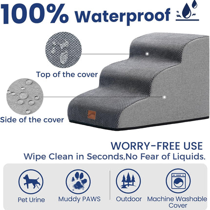 Ramp Dog Stairs for Couch Sofa and Chair 15.7" H, 3-Step Pet Steps Small Dogs Cats, Non-Slip Waterproof Fabric Cover, Stable Balanced Indoor Step, Pets Friendly, Grey (22.4"D x 15.7"W 15.7"H)