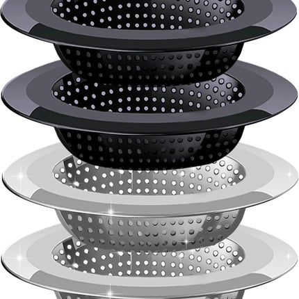 Kitchen Sink Drain Strainer, 4 Pack Stainless Steel and Black Mesh Strainer for with Large Wide Rim 4.5" Diameter, Filter 3" Basket Food Catcher -