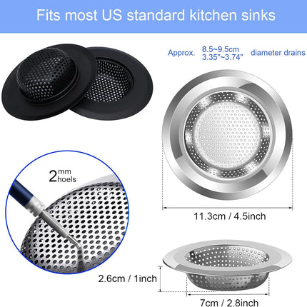 Kitchen Sink Drain Strainer, 4 Pack Stainless Steel and Black Mesh Strainer for with Large Wide Rim 4.5" Diameter, Filter 3" Basket Food Catcher -