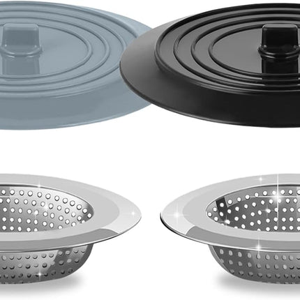 Sink Strainer Stopper 4 Pack, Universal Silicone Kitchen Drain Cover Plug Kit, 4.5 Inch Stainless Steel Filter Strainer, Food Catcher for -