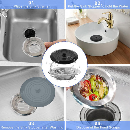 Sink Strainer Stopper 4 Pack, Universal Silicone Kitchen Drain Cover Plug Kit, 4.5 Inch Stainless Steel Filter Strainer, Food Catcher for -