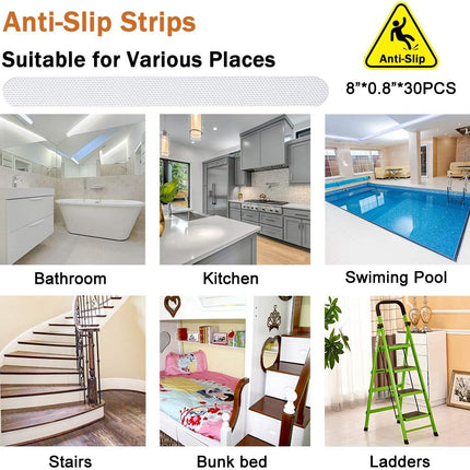 30 PCS Non Slip Shower Stickers, Safety Adhesive Strips Treads for Bathroom Floor Tub Stairs Ladders Pools Boats, Bathtub Appliques Adults & Kids with Scraper (Clear) Clear -