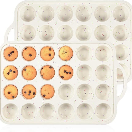 Mini Muffin Pan, Metal Reinforced Frame Cupcake Pans 24 Cups Nonstick Silicone Molds with Handle for Baking Muffins, Cupcakes, Egg Bites 2 Pack Creamy Confetti 24-Cup Mini:2pcs