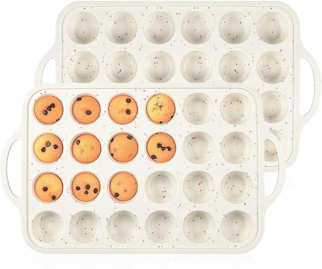 Mini Muffin Pan Metal Reinforced Frame Cupcake Pans 24 Cups Nonstick Silicone Molds with Handle