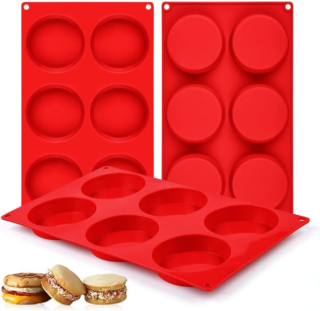 Muffin Top Pan Silicone Egg Molds for Breakfast Sandwiches 3 Inch Round Baking English Muffins in Red