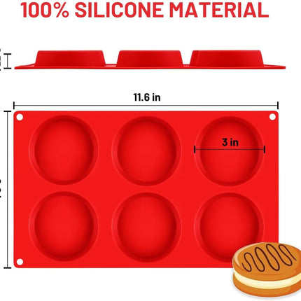 Muffin Top Pan, Silicone Egg Molds for Breakfast Sandwiches 3 Inch Round Baking English Muffins, Whoopie Pies, Corn Bread, Bites, Tarts Pack Red Regular inch - 3pcs