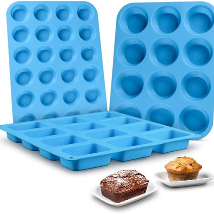 Silicone Muffin Pan - Cupcake Pan, Mini Loaf Baking Molds Food Grade 3-Pack Blue
