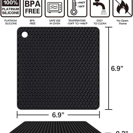 Silicone Trivet Mats Hot Mat - Pads Robust Non Slip Coasters Heat Resistant (Black) Black