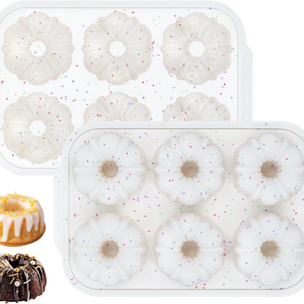 Mini Fluted Tube Pan with Metal Reinforced Frame, 6-Cavity Silicone Nonstick Small Cake Molds 2Pcs for Chocoflan, Donuts, Cornbread, Brownies, Jellies BPA Free - Mini-3“: 2pcs