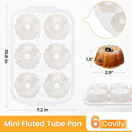 Mini Fluted Tube Pan with Metal Reinforced Frame, 6-Cavity Silicone Nonstick Small Cake Molds 2Pcs for Chocoflan, Donuts, Cornbread, Brownies, Jellies BPA Free - Mini-3“: 2pcs