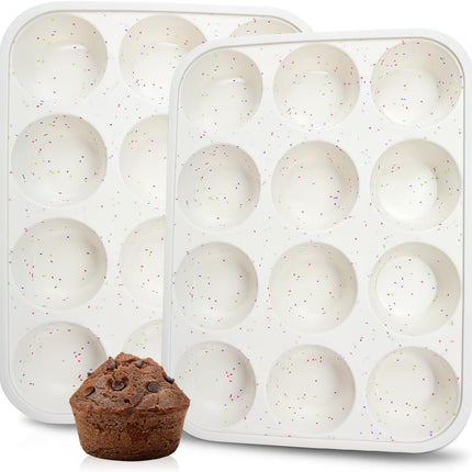 Silicone Muffin Pan, Metal Reinforced Frame Cupcake Pan 12 Cups Regular Size Easy to Move in or Out of Oven Non-Stick (2) Confetti: 2pcs -