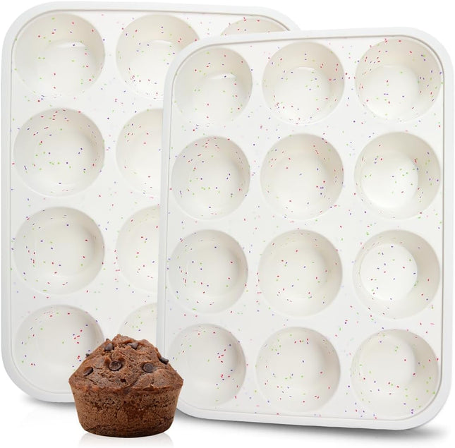 Silicone Muffin Pan Metal Reinforced Frame Cupcake Pan 12 Cups Regular Size Easy to Move in or Out of Oven