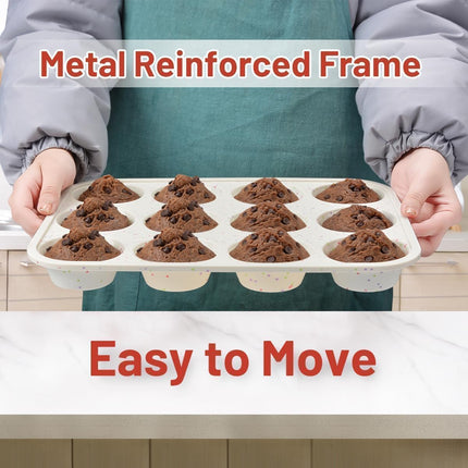 Silicone Muffin Pan, Metal Reinforced Frame Cupcake Pan 12 Cups Regular Size Easy to Move in or Out of Oven Non-Stick (2) Confetti: 2pcs -