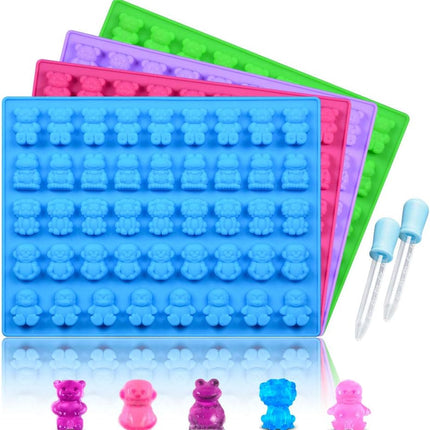 Silicone Candy Gummy Bear Molds - Chocolate Including Bears, Frogs, Lions, Monkeys, Penguins Gummie Premium Silicone, Pack of 4 with 2 Droppers 5 Animals