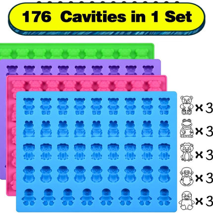 Silicone Candy Gummy Bear Molds - Chocolate Including Bears, Frogs, Lions, Monkeys, Penguins Gummie Premium Silicone, Pack of 4 with 2 Droppers 5 Animals