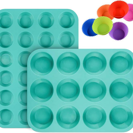Silicone Muffin Pan Cupcake Set - Mini 24 Cups and Regular 12 Tin, Nonstick Food Grade Molds with Baking 12-Cup & 24-Cup