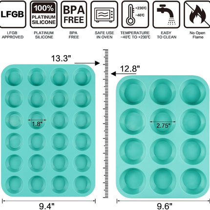 Silicone Muffin Pan Cupcake Set - Mini 24 Cups and Regular 12 Tin, Nonstick Food Grade Molds with Baking 12-Cup & 24-Cup