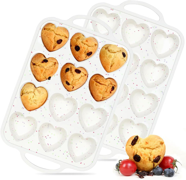 Heart Shaped Silicone Muffin Pan Metal Reinforced Frame 12 Cups Molds for Valentine's Day Baking