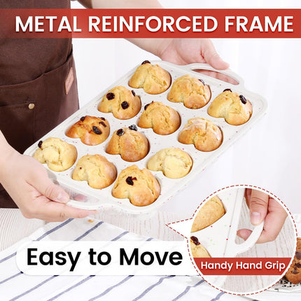 Heart Shaped Silicone Muffin Pan, Metal Reinforced Frame 12 Cups Molds for Valentine's Day Baking Muffins, Cupcakes, Tartlets, Egg Bites, Chocolate Muffin, Soaps 2 Pack Creamy: Confetti -