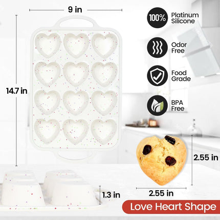 Heart Shaped Silicone Muffin Pan, Metal Reinforced Frame 12 Cups Molds for Valentine's Day Baking Muffins, Cupcakes, Tartlets, Egg Bites, Chocolate Muffin, Soaps 2 Pack Creamy: Confetti -