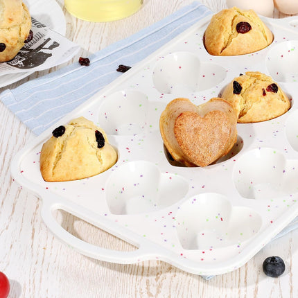 Heart Shaped Silicone Muffin Pan, Metal Reinforced Frame 12 Cups Molds for Valentine's Day Baking Muffins, Cupcakes, Tartlets, Egg Bites, Chocolate Muffin, Soaps 2 Pack Creamy: Confetti -