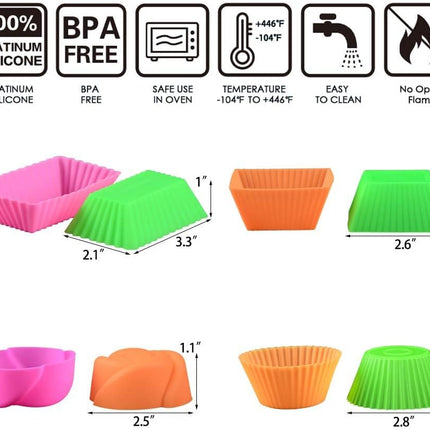 Silicone Baking Cups Cupcake Liners - 24 Pcs Reusable Molds Including Round, Rectanguar, Square, Flower Food Grade