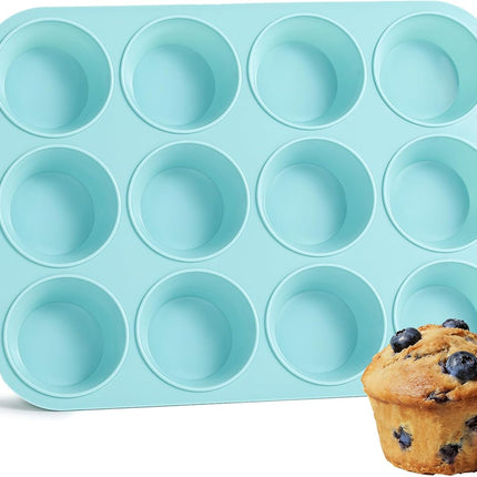 Silicone Muffin Pan, Regular Size 12 Cups Non Stick Cupcake Pan for Baking, Light Blue -