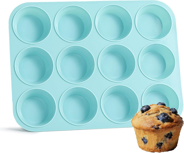 Silicone Muffin Pan Regular Size 12 Cups Non Stick Cupcake Pan for Baking Light Blue V1259-DP01-A-4515
