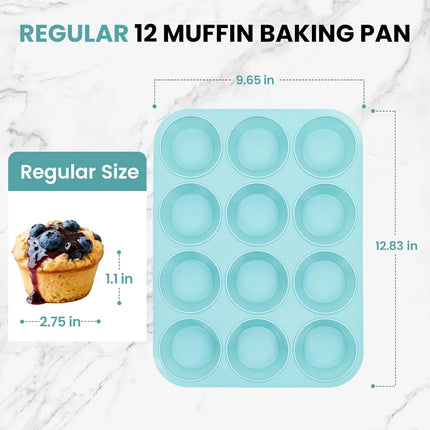 Silicone Muffin Pan, Regular Size 12 Cups Non Stick Cupcake Pan for Baking, Light Blue -