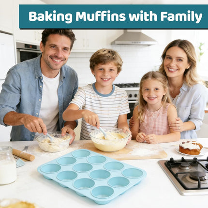 Silicone Muffin Pan, Regular Size 12 Cups Non Stick Cupcake Pan for Baking, Light Blue -