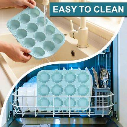 Silicone Muffin Pan, Regular Size 12 Cups Non Stick Cupcake Pan for Baking, Light Blue -