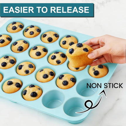 Silicone Mini Muffin Pan, 24 Cups Nonstick Cupcake Pan for Baking Muffin, Cupcake, Egg Bites, Fat Bomb, Light Blue -