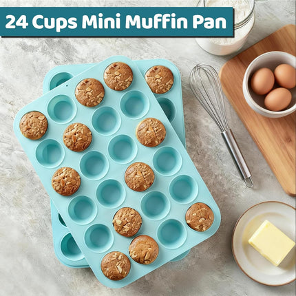 Silicone Mini Muffin Pan, 24 Cups Nonstick Cupcake Pan for Baking Muffin, Cupcake, Egg Bites, Fat Bomb, Light Blue -