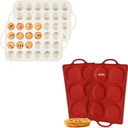 Metal Reinforced Frame Silicone Cupcake Pans-24 Cups 2Pcs & 4 Inch Round Egg Baking Pan -