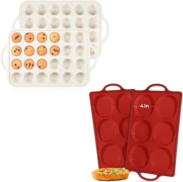 Metal Reinforced Frame Silicone Cupcake Pans-24 Cups 2Pcs & 4 Inch Round Egg Baking Pan V1259-DP01-A-4518
