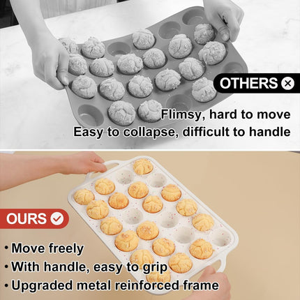 Metal Reinforced Frame Silicone Cupcake Pans-24 Cups 2Pcs & 4 Inch Round Egg Baking Pan -
