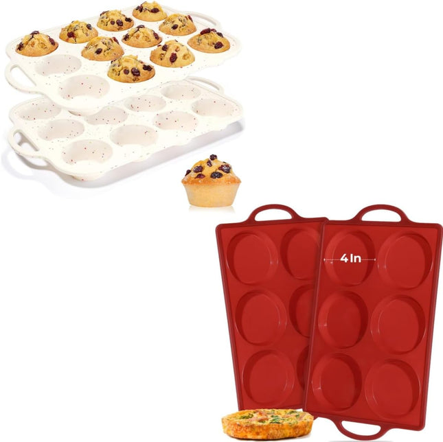 Metal Reinforced Frame Silicone Cupcake Pans-12 Cups 2Pcs & 4 Inch Round Egg Baking Pan V1259-DP01-A-4519