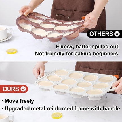 Metal Reinforced Frame Silicone Cupcake Pans-12 Cups 2Pcs & 4 Inch Round Egg Baking Pan -