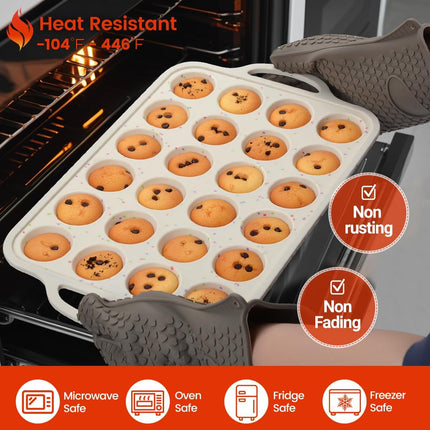 Metal Reinforced Frame Silicone Mini Muffin Pan- 24 Cups &Silicone Top Pan with Frame-4 Inch -