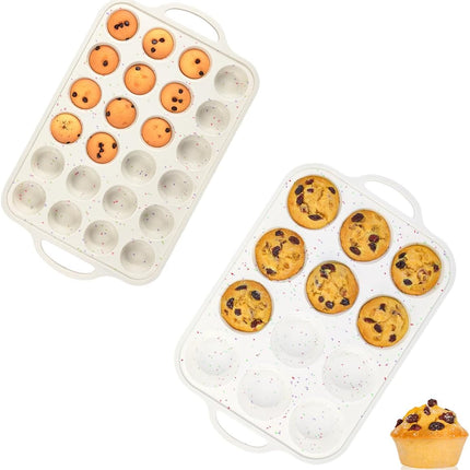 Mini Cupcake Pans & Regular Size Pan with Handle 12 Cups, Metal Reinforced Frame Silicone Muffin Nonstick 24 Cups Easy to -
