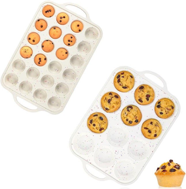 Mini Cupcake Pans & Regular Size Pan with Handle 12 Cups Metal Reinforced Frame Silicone Muffin Nonstick 24