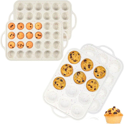 Silicone Muffin Pan, Metal Reinforced Frame Regular Size Pans Nonstick 12 Cups & Mini Cupcake 24 -