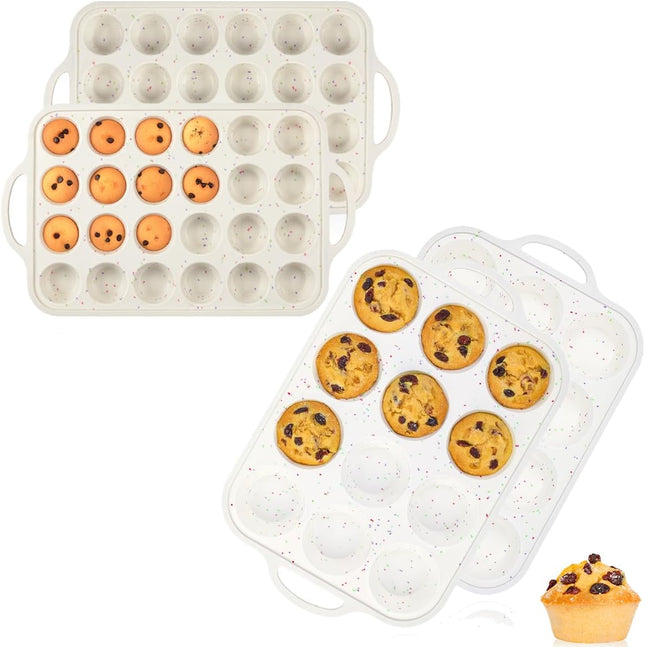 Silicone Muffin Pan Metal Reinforced Frame Regular Size Pans Nonstick 12 Cups & Mini Cupcake 24