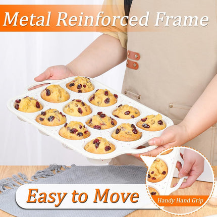Silicone Muffin Pan, Metal Reinforced Frame Regular Size Pans Nonstick 12 Cups & Mini Cupcake 24 -