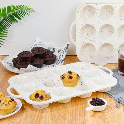 Silicone Muffin Pan, Metal Reinforced Frame Regular Size Pans Nonstick 12 Cups & Mini Cupcake 24 -