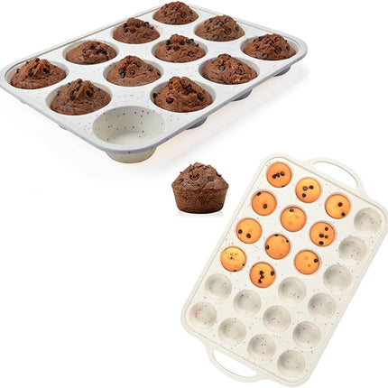 Silicone Muffin Pan, Metal Reinforced Frame Cupcake Pan 12 Cups Regular & Mini Easy to Move in or Out of Oven Non-Stick -