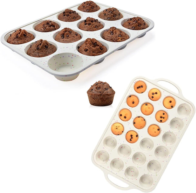 Silicone Muffin Pan Metal Reinforced Frame Cupcake Pan 12 Cups Regular & Mini Easy to Move in or Out of