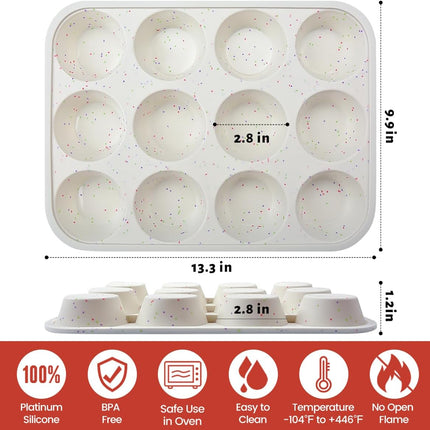 Silicone Muffin Pan, Metal Reinforced Frame Cupcake Pan 12 Cups Regular & Mini Easy to Move in or Out of Oven Non-Stick -